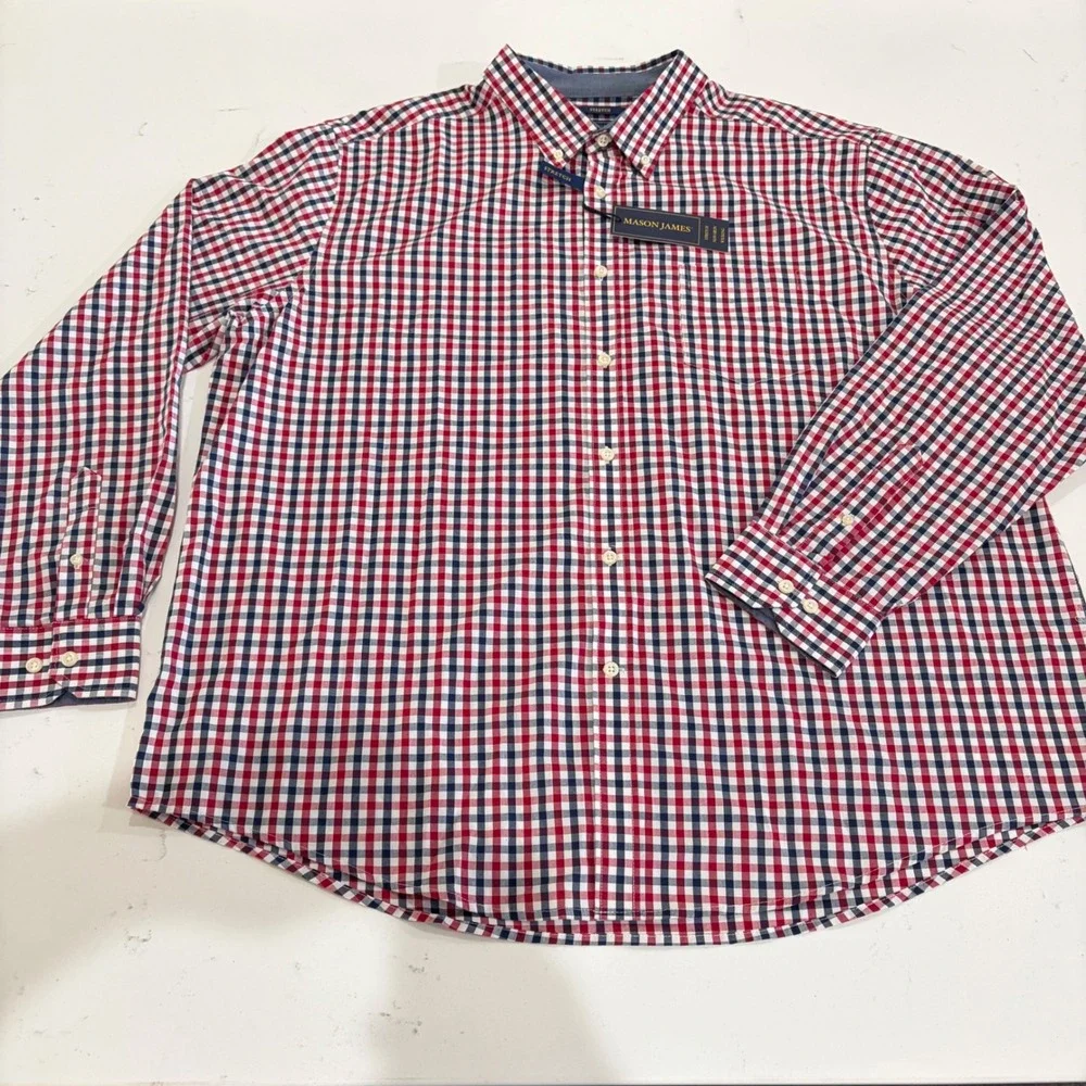 Mason James Mens XXL Red White Blue Gingham Stretch Non-Iron Wicking Shirt NWT - Picture 1 of 7